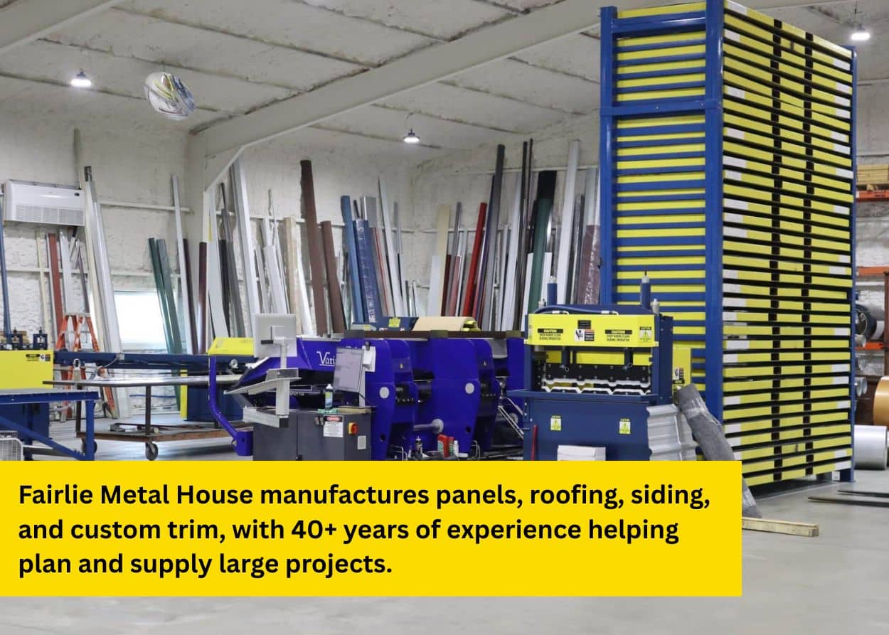 Industrial metal fabrication equipment inside a manufacturing facility with materials organized