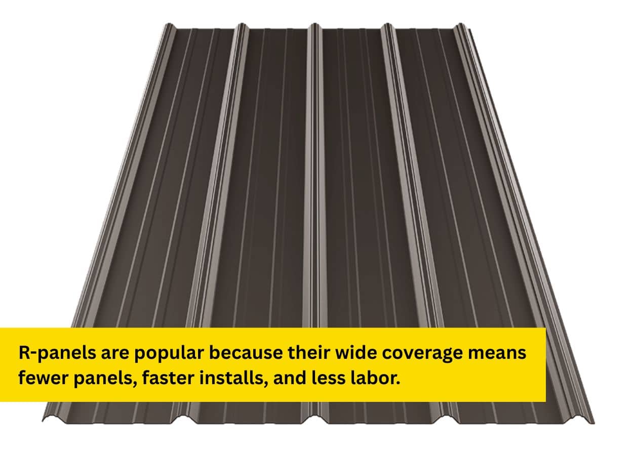 Brown R-panel metal roofing sheet showing wide coverage and durable metal building construction.