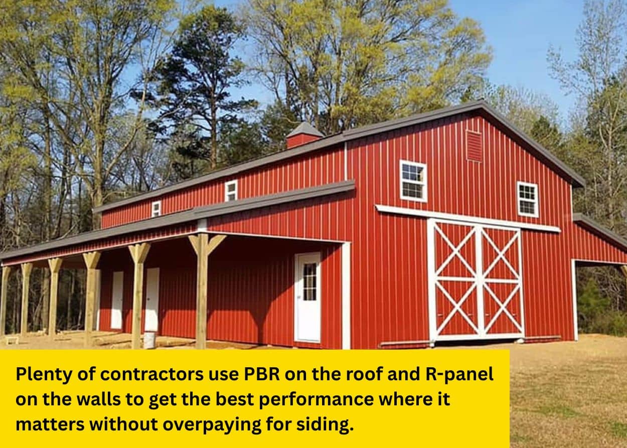 Red metal building clad with R-panel siding for agricultural and commercial applications.